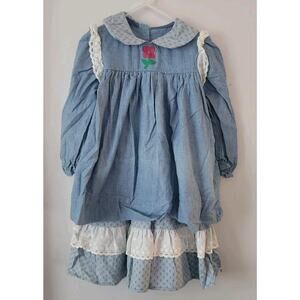 Vtg. LS Collection Prairie Cottage Pinafore Dress Girls Toddler Blue Floral